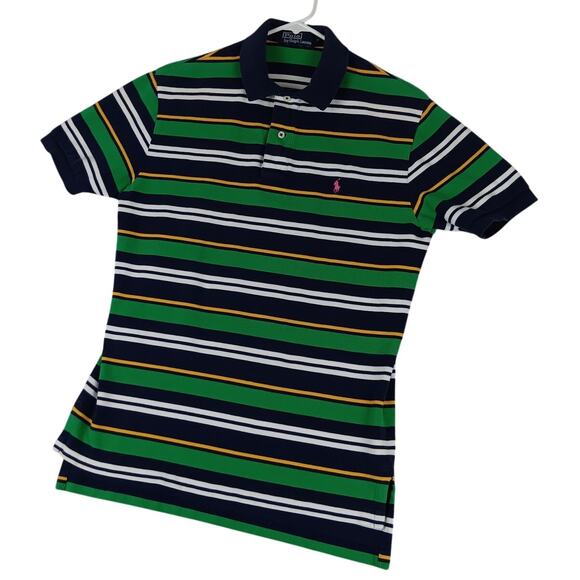 Polo Ralph Lauren Vintage Polo Shirt Men Medium Green/Blue Striped Luxury Preppy - Picture 2 of 11